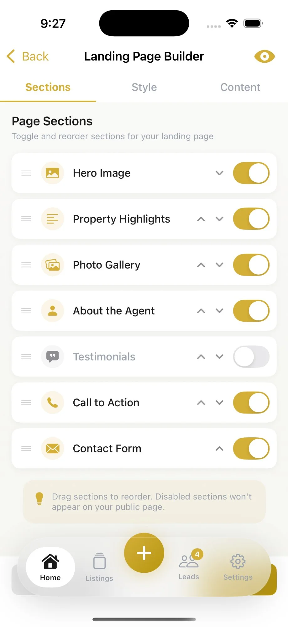 Builder: Sections Tab